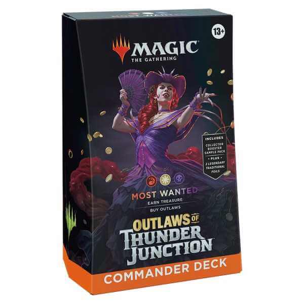 MTG: Outlaws of Thunder Junction Commander Deck Display (Most Wanted) box front view with artwork and game details.