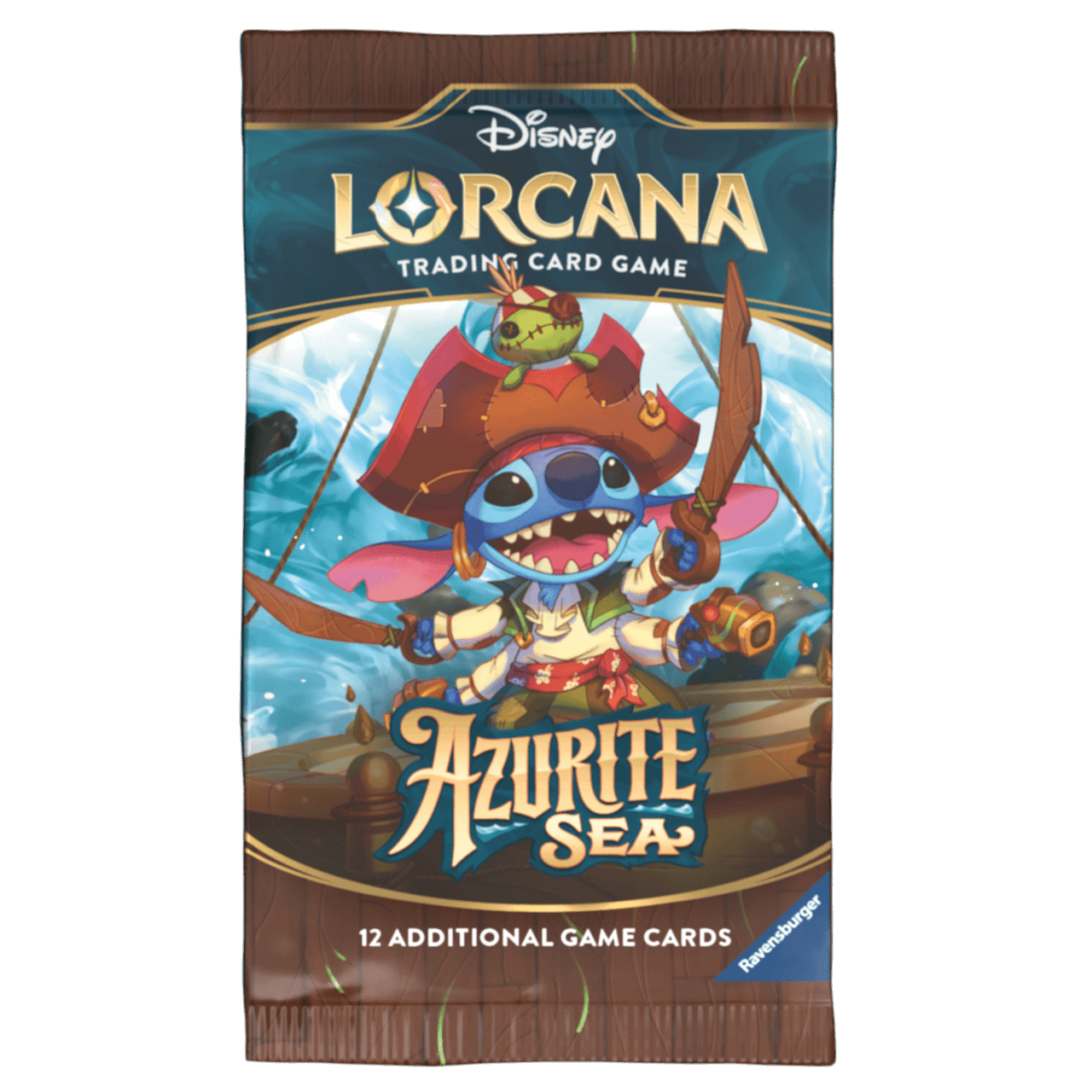 Disney Lorcana - Azurite Sea Booster Pack - Set 6 featuring illustrated card design with Stitch as a pirate.