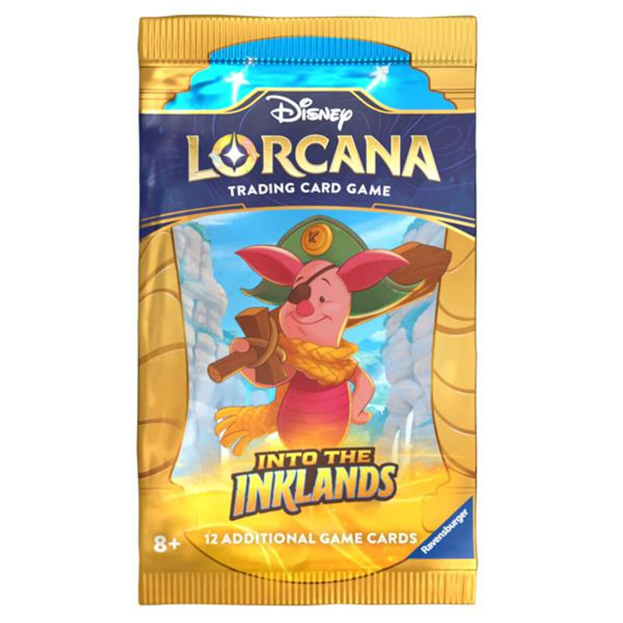 Disney Lorcana Trading Card Game - Booster Pack - Set 3 - Into The Inklands featuring Piglet on the packaging with 12 game cards