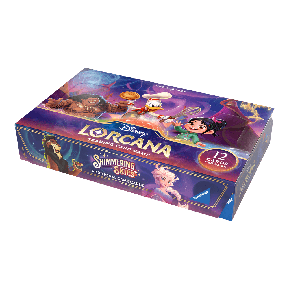 Disney Lorcana Trading Card Game - Booster Box - Shimmering Skies featuring iconic Disney characters and vibrant artwork.
