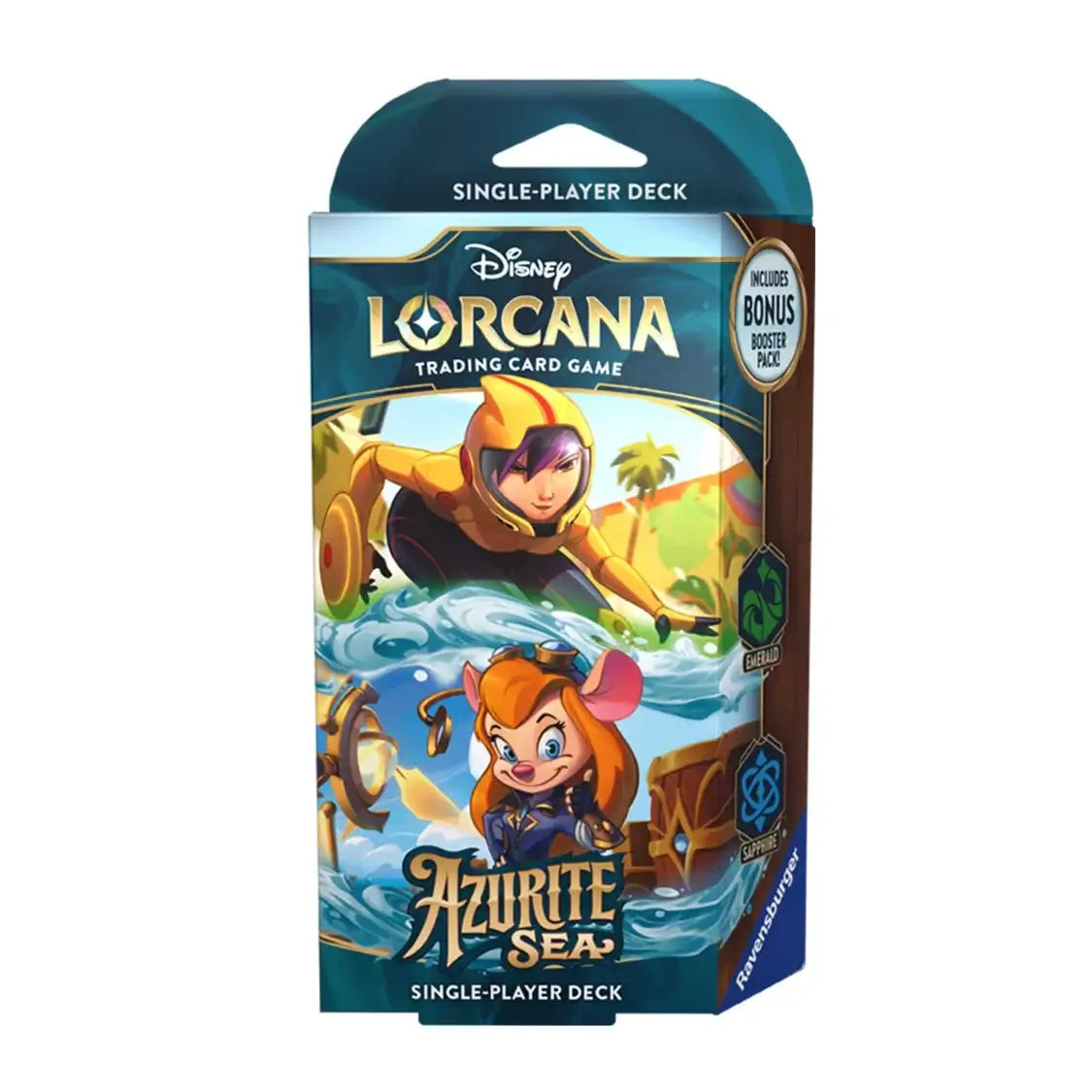Disney Lorcana TCG Azurite Sea Starter Deck (Emerald & Sapphire) packaging showing colorful card game artwork.