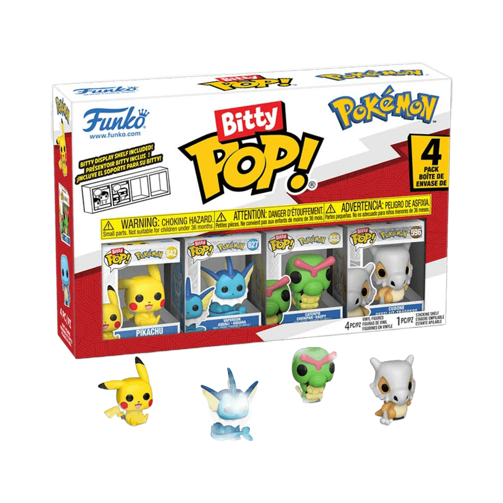 Funko Bitty Pop: Pokemon - Pikachu 4pk featuring mini Pikachu, Vaporeon, Mewtwo, and Cubone figures in acrylic cases.