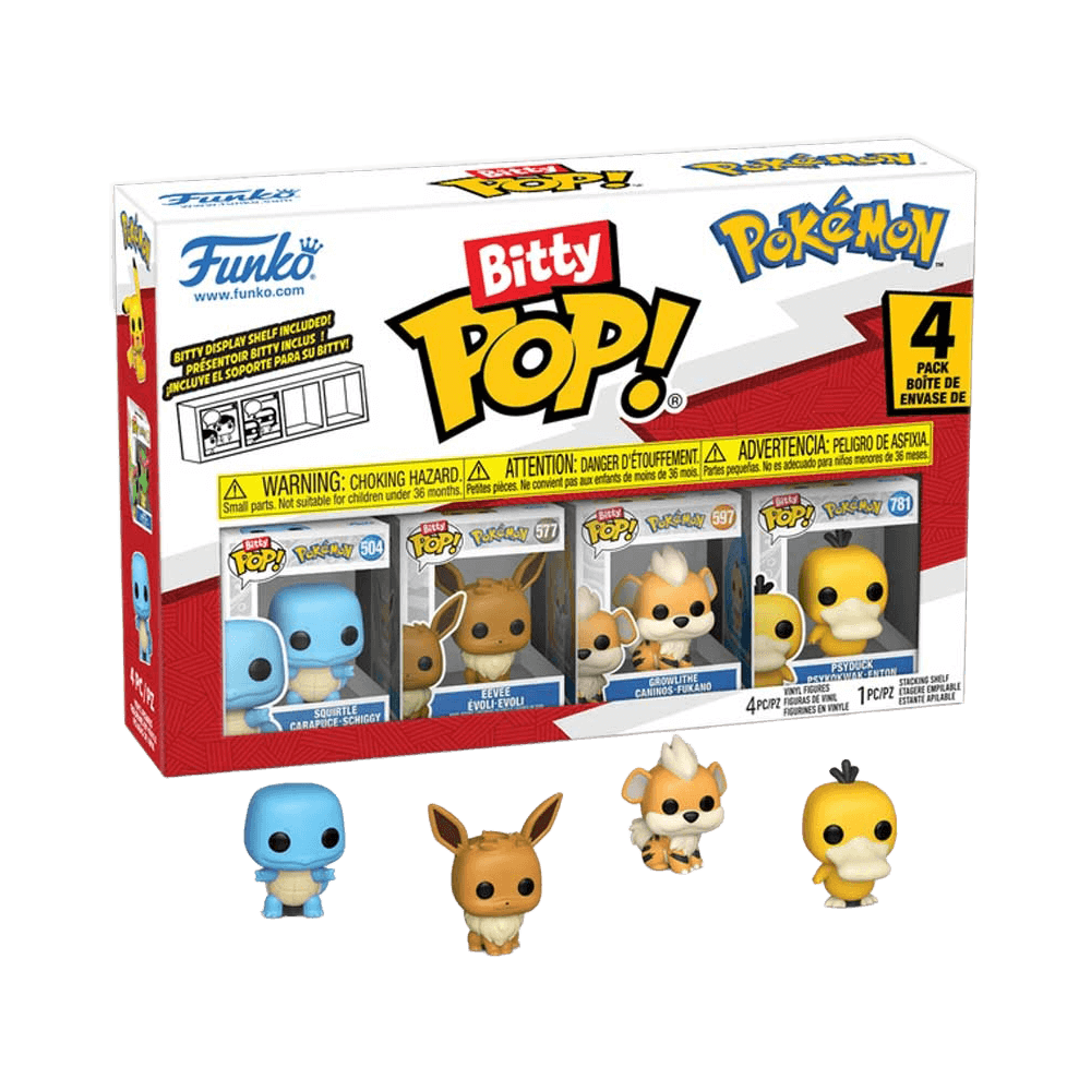 Funko Bitty Pop: Pokemon - Squirtle 4pk featuring mini Pokemon figures in acrylic display cases with detachable bases.