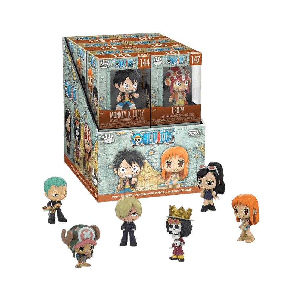 Funko Mini Vinyl Figures: Onepiece Assorted featuring One Piece Mystery Minis with characters like Monkey D. Luffy and Nami.