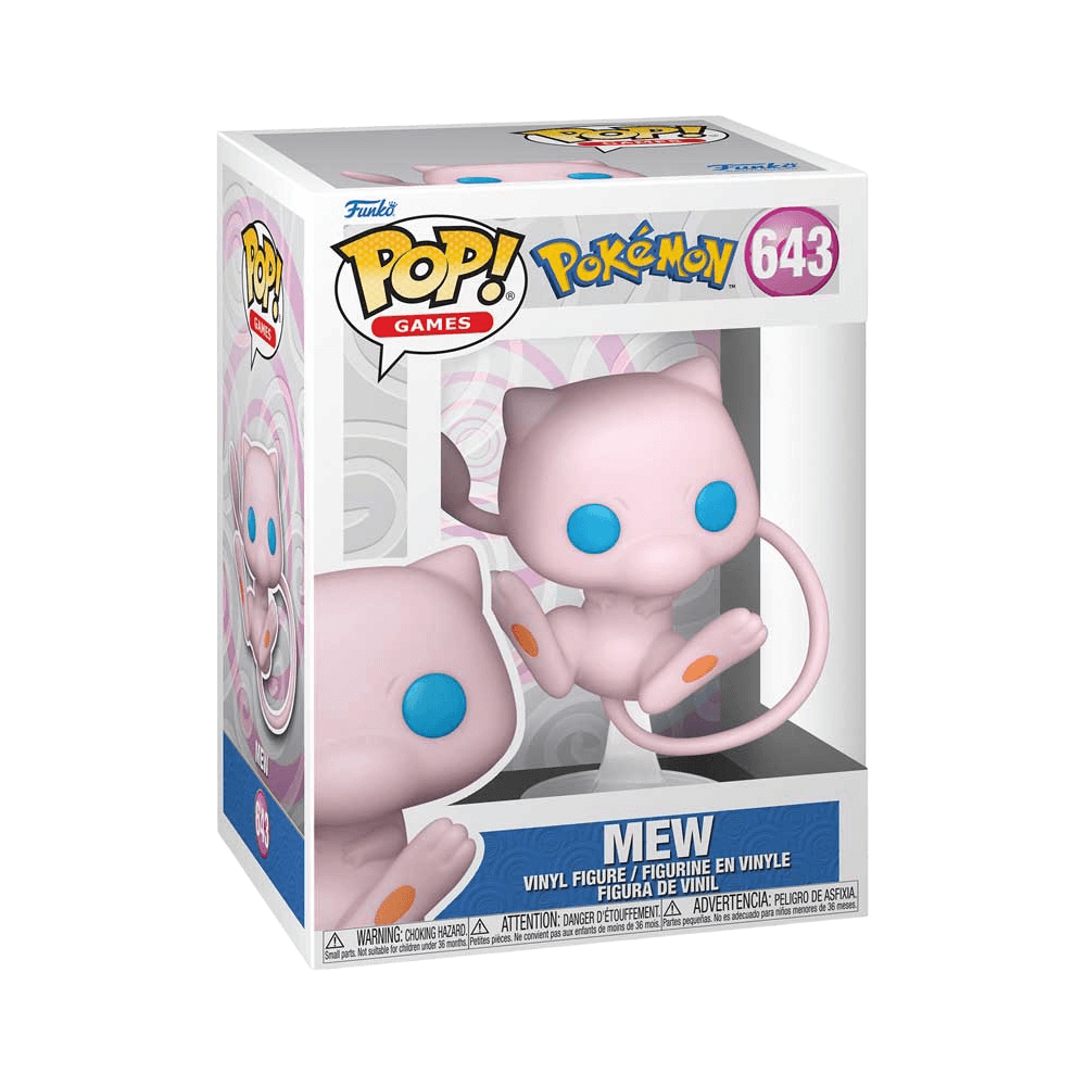 Funko Pop Games: Pokemon Mew vinyl figure in box showcasing collectible design and packaging, approximately 3.3-inches tall.