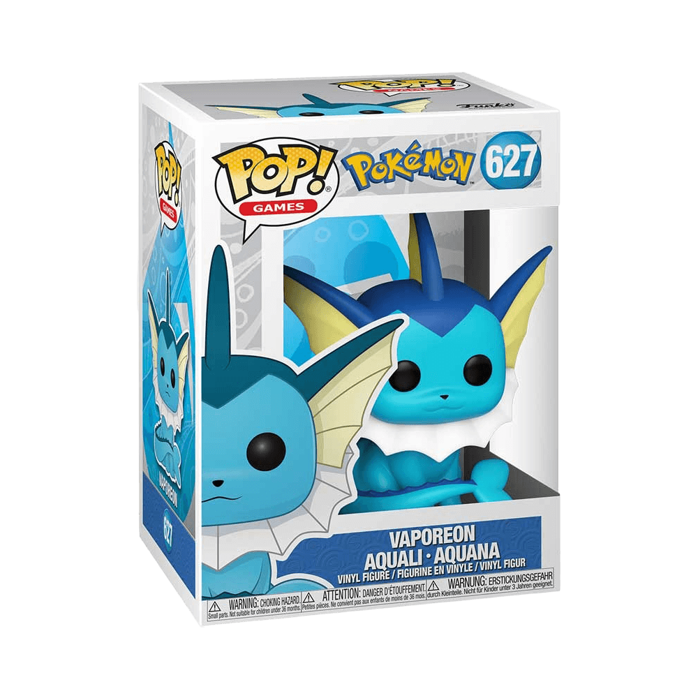 Funko Pop Games: Pokemon - Vaporeon vinyl figure in box, exclusive collectible for aspiring Trainers, stands 3.5 inches tall.