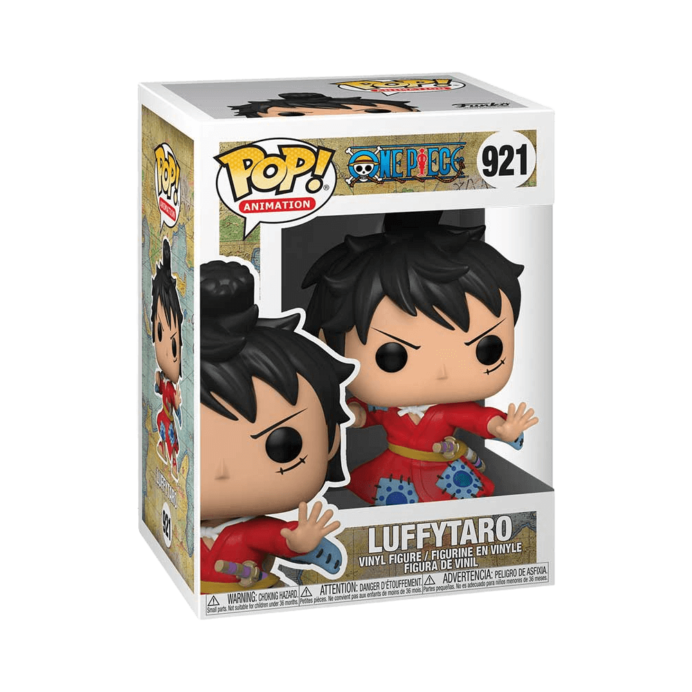 Funko Pop Animation: One Piece - Luffy In Kimono vinyl figure box, collectible toy for fans.