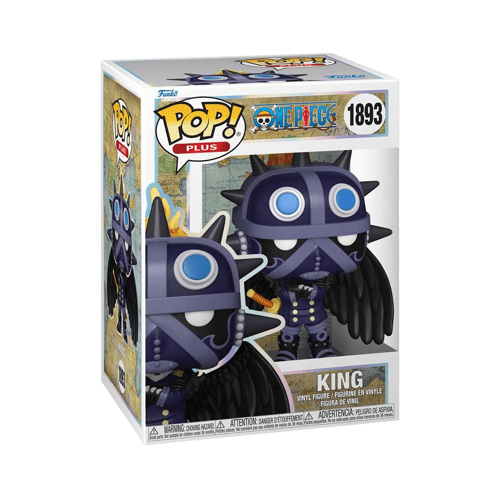Funko Pop Plus: One Piece - King vinyl figure in box, part of the Beast Pirates collection, approximately 4.7-inches tall.