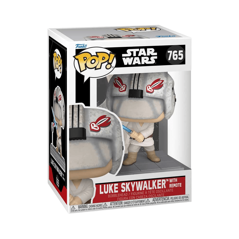 Funko Pop Star Wars: Luke/Remote vinyl bobblehead in box, featuring Luke Skywalker with a lightsaber, Star Wars collectible.