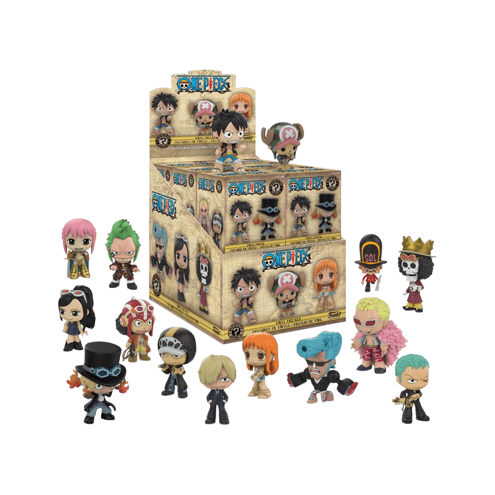 Funko Mystery Minis: One Piece - Ml Assorted figures including Luffy, Chopper, and Zoro in a display box.