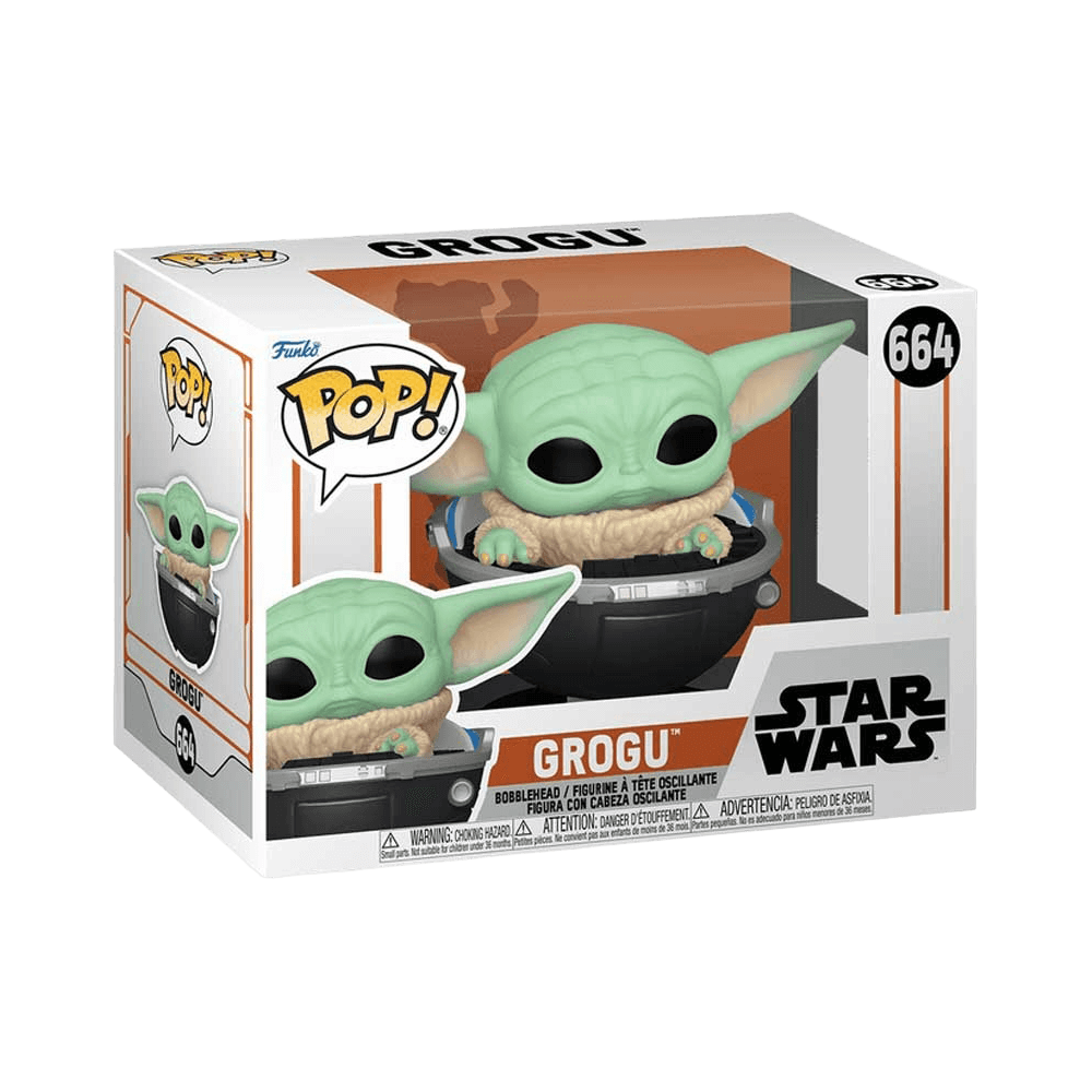 Funko Pop Star Wars: Grogu With Pram vinyl bobblehead in packaging, featuring Grogu in hovering pram, part of The Mandalorian collection.