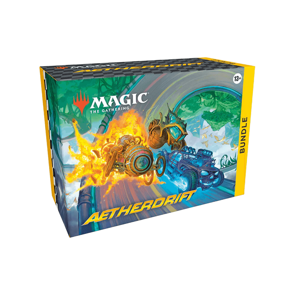 Magic: The Gathering: Aetherdrift Bundle box with exclusive accessories and boosters, featuring vibrant card art and packaging.