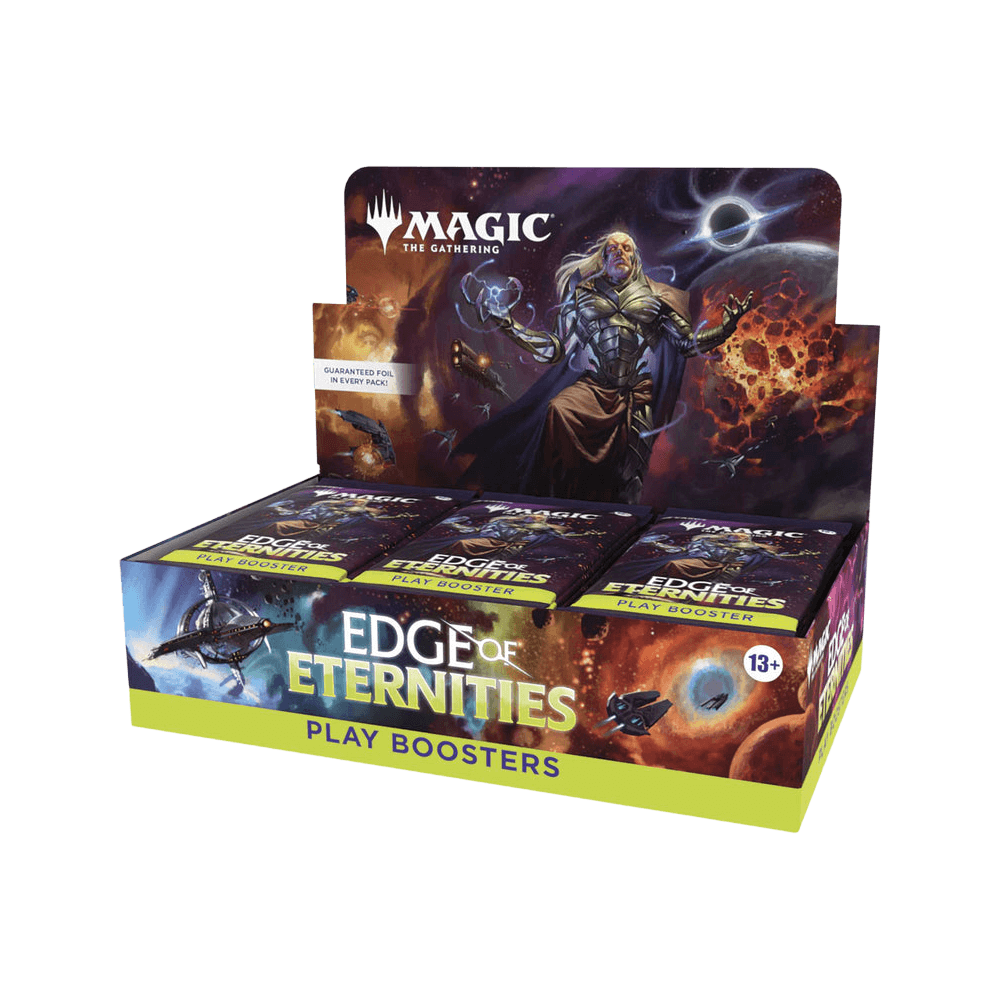 Magic: The Gathering: Edge of Eternities Play Booster Box featuring cosmic artwork and cards for intergalactic adventures.