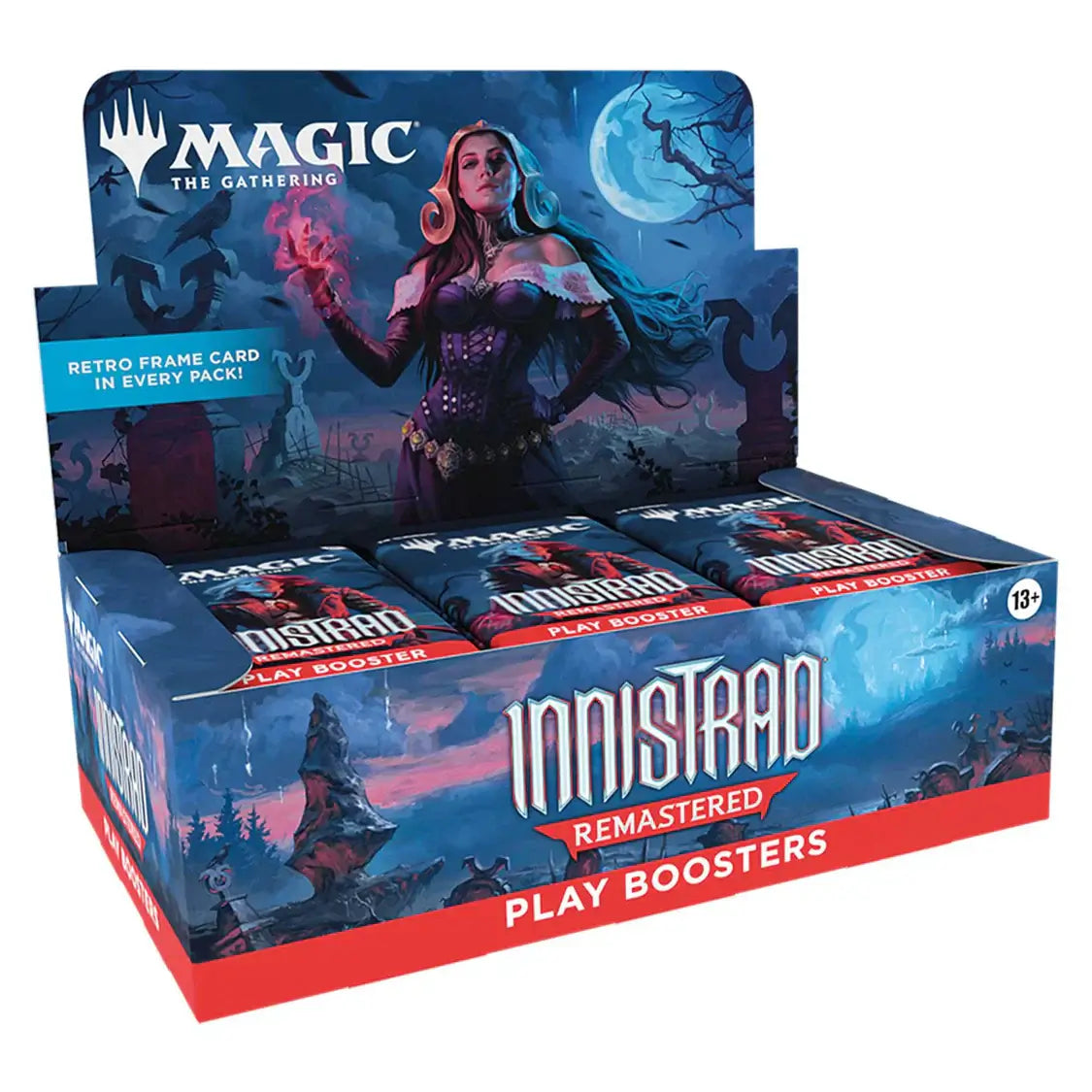 Magic: The Gathering - Innistrad Remastered Play Booster (36 Count) box showcasing gothic horror theme for collectors and players.