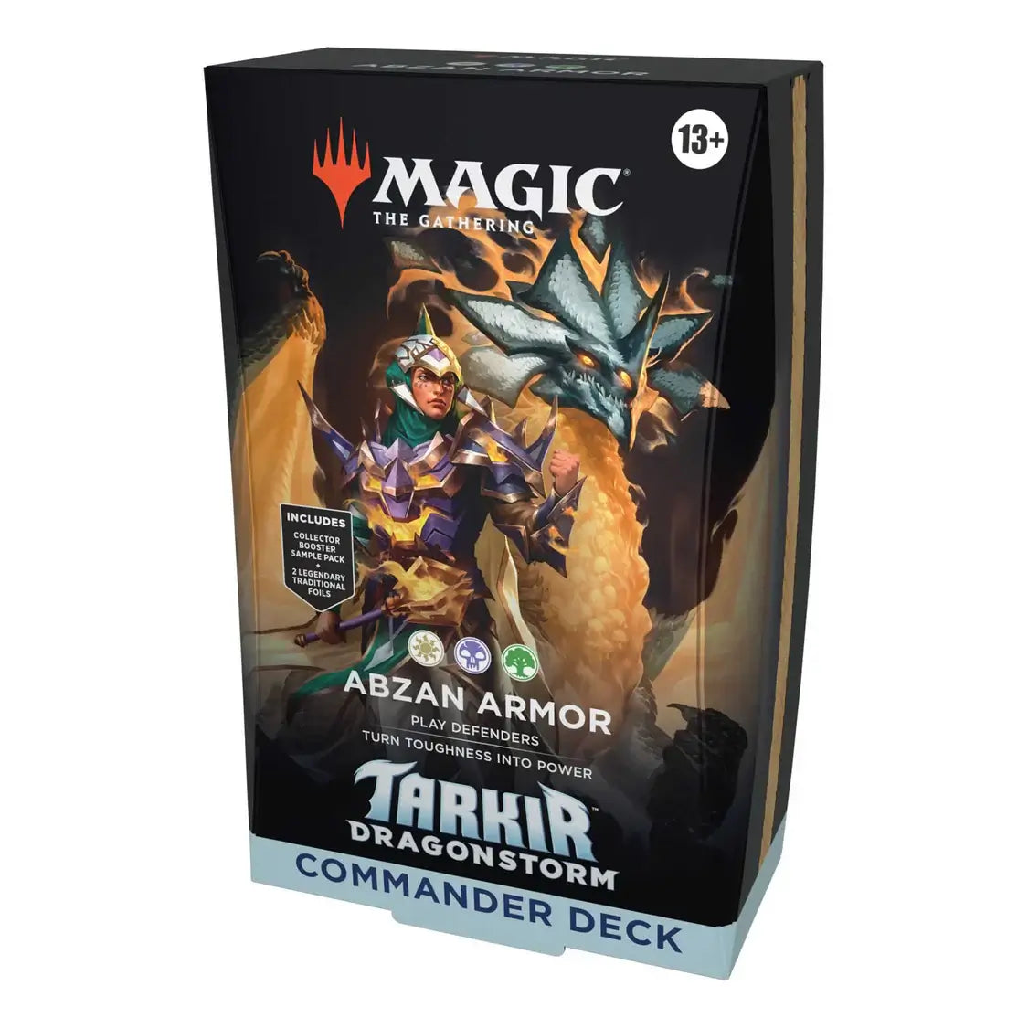 Magic: The Gathering - Tarkir: Dragonstorm Abzan Armor Commander Deck packaging with dragon and character illustration.