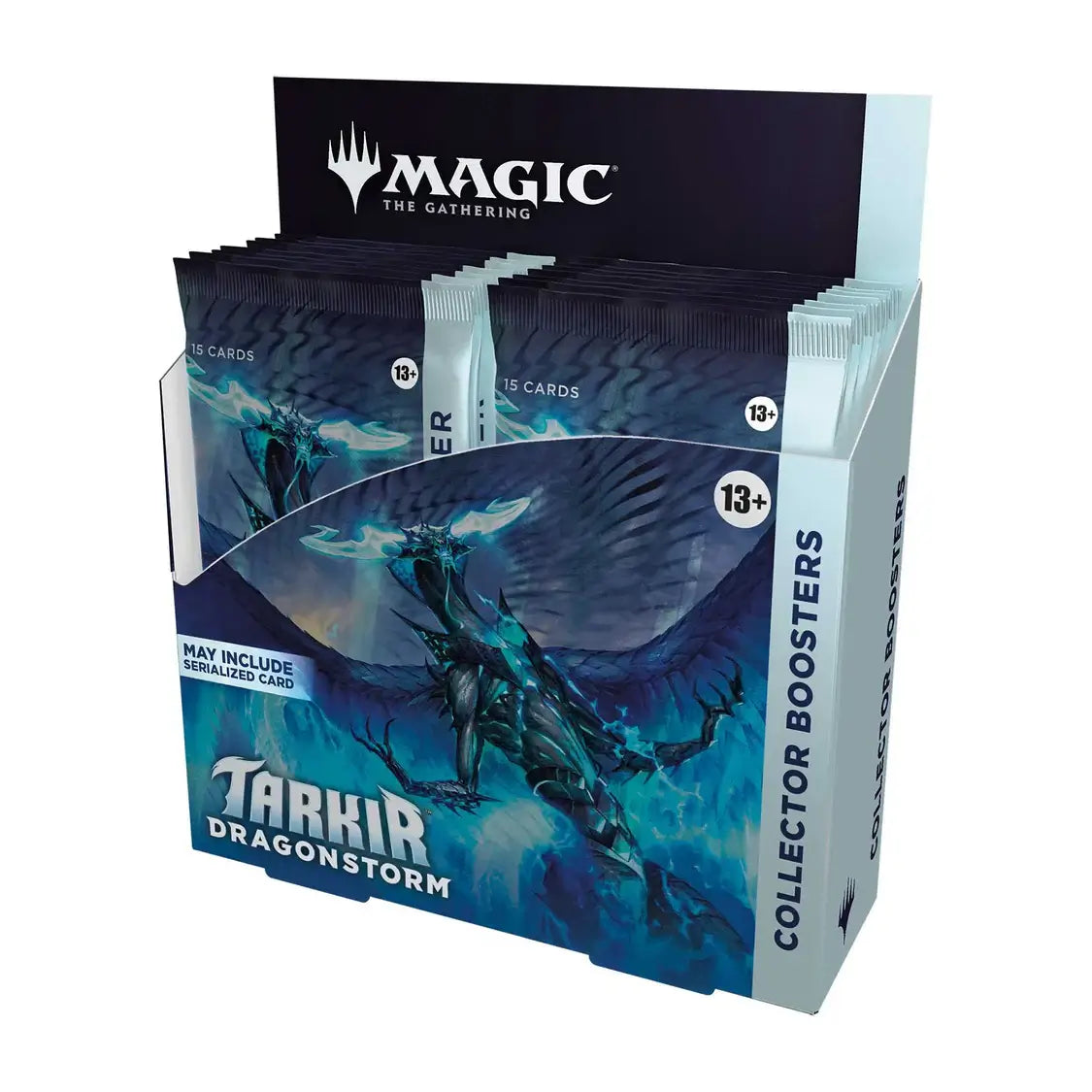 Magic: The Gathering: Tarkir: Dragonstorm Collector Booster Box with unopened booster packs displayed in a stand.
