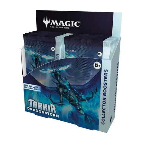 Magic: The Gathering: Tarkir: Dragonstorm Collector Booster Box with unopened booster packs displayed in a stand.