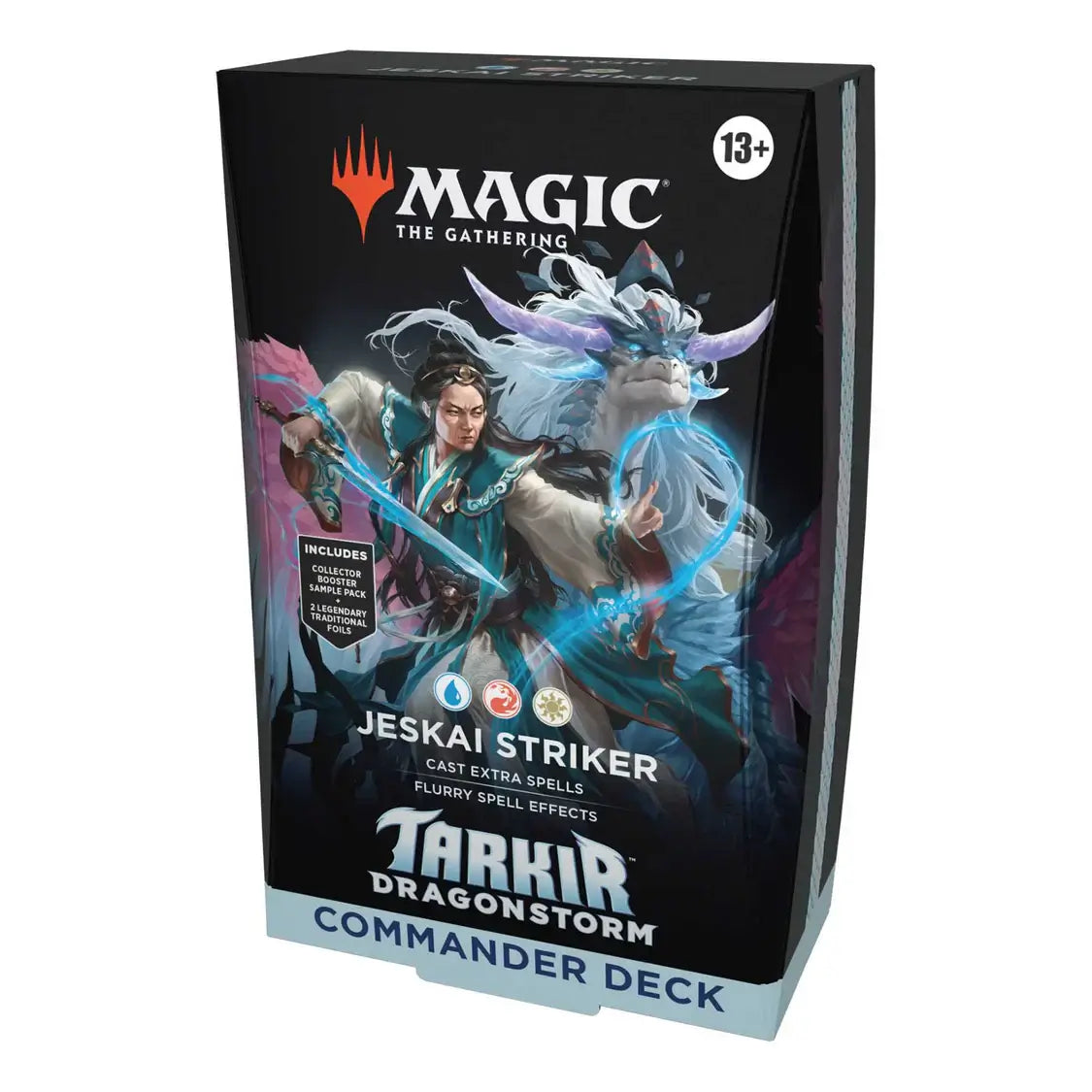Magic: The Gathering - Tarkir: Dragonstorm Jeskai Striker Commander Deck packaging featuring a fantasy dragon and warrior art.