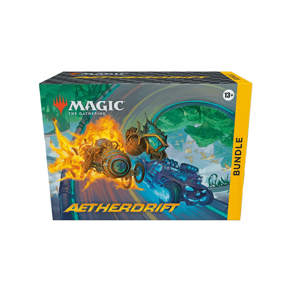 Magic: The Gathering: Aetherdrift Bundle packaging showing vivid artwork and game accessories.
