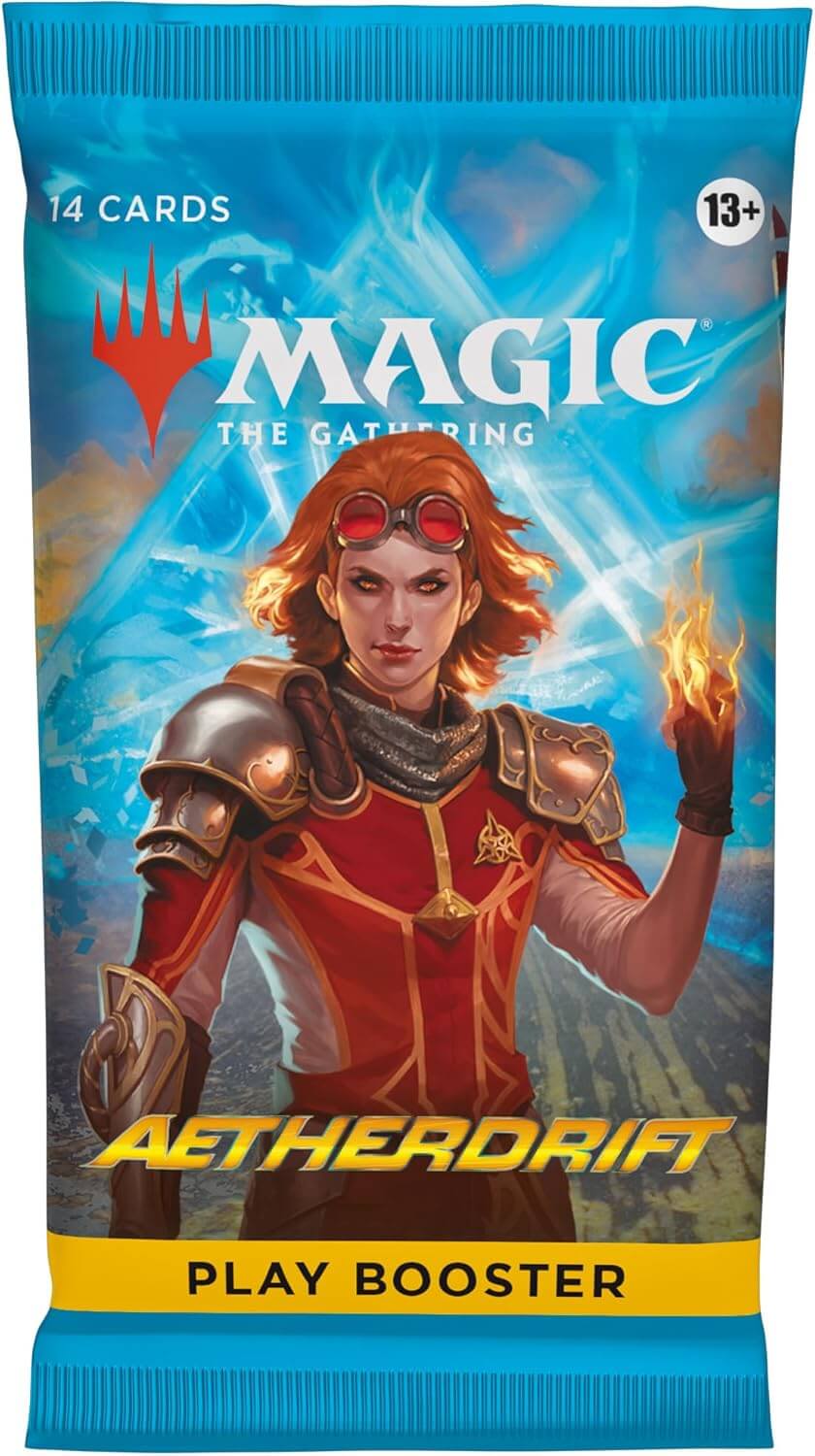 Magic: The Gathering: Aetherdrift Play Booster Pack featuring fiery character artwork