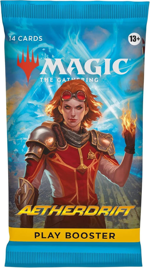 Magic: The Gathering: Aetherdrift Play Booster Pack featuring fiery character artwork