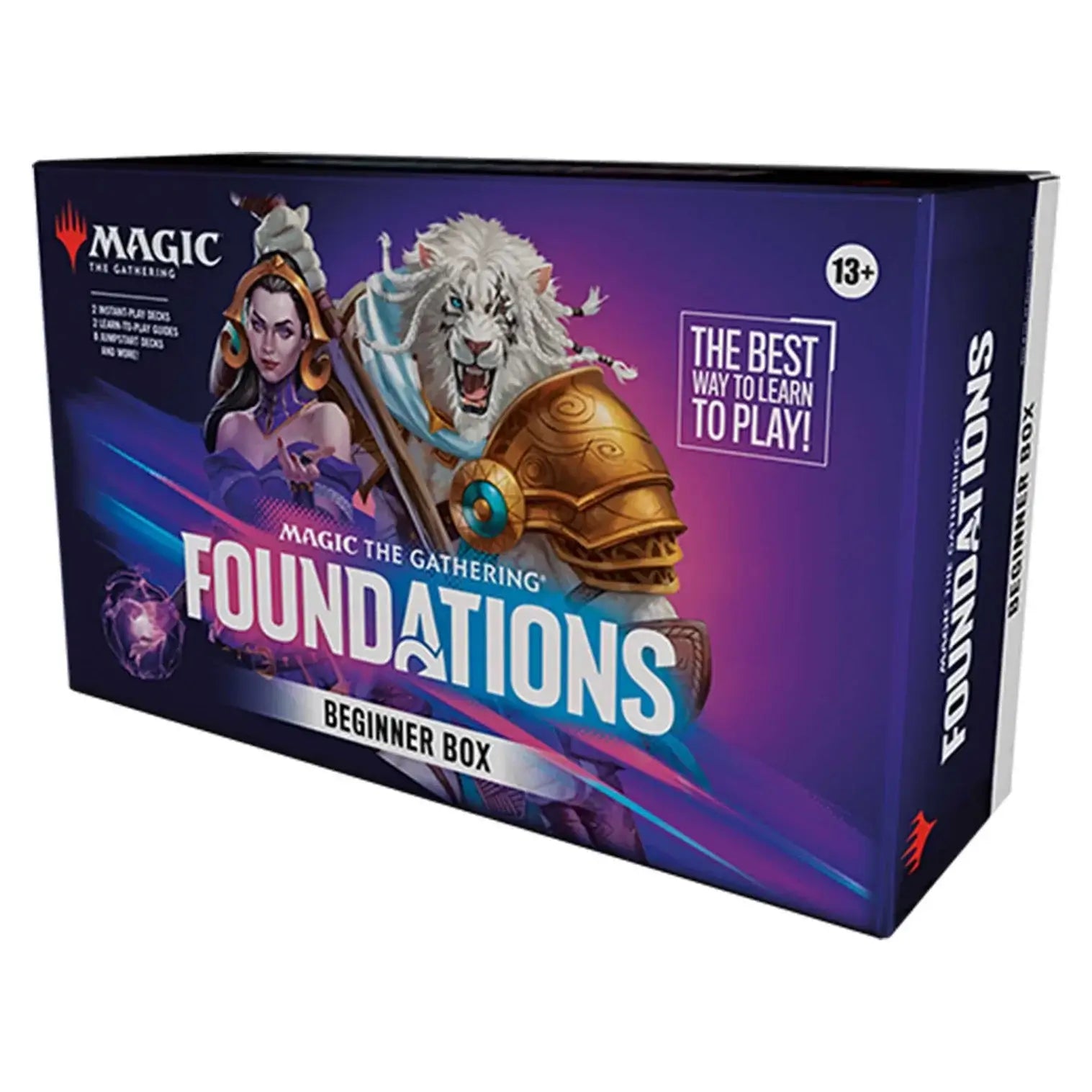 Alt Tag: Magic: The Gathering: Foundations Beginner Box packaging with vibrant art and tutorial deck details for new players.