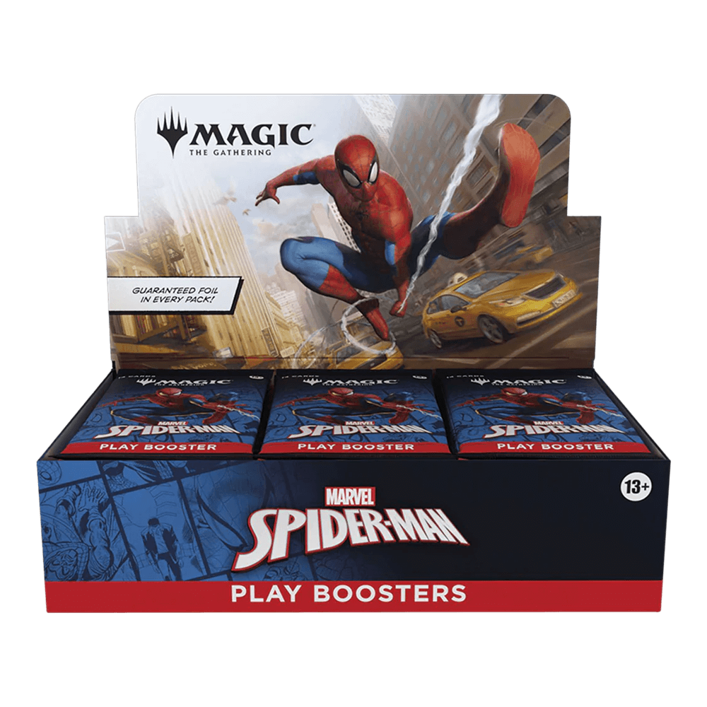 Magic: The Gathering: Marvel's Spider-Man Play Booster Box display with Spider-Man swinging action design.