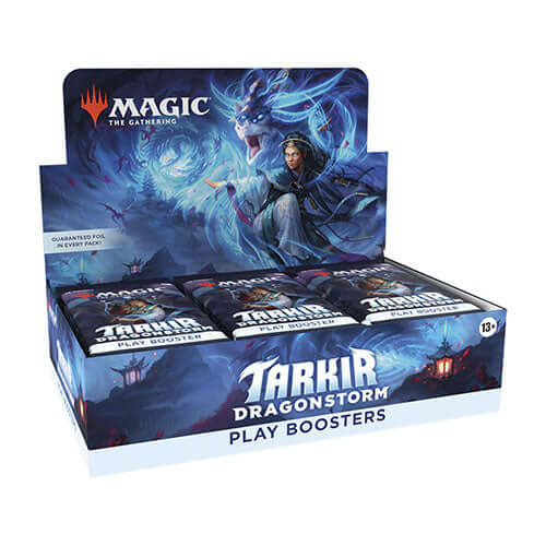 Magic: The Gathering - Tarkir: Dragonstorm Play Booster Box with vibrant artwork and booster packs displayed
