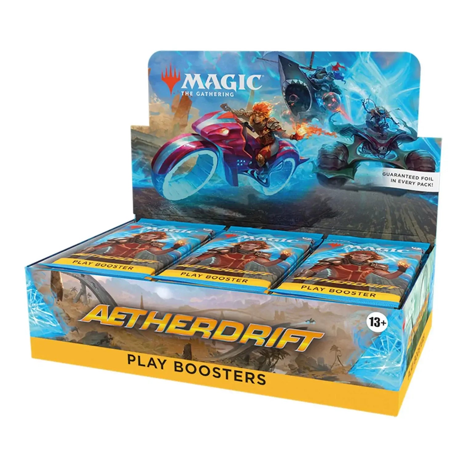 Display box of Magic: The Gathering: Aetherdrift Play Booster Pack featuring high-octane Multiverse race theme on packaging.