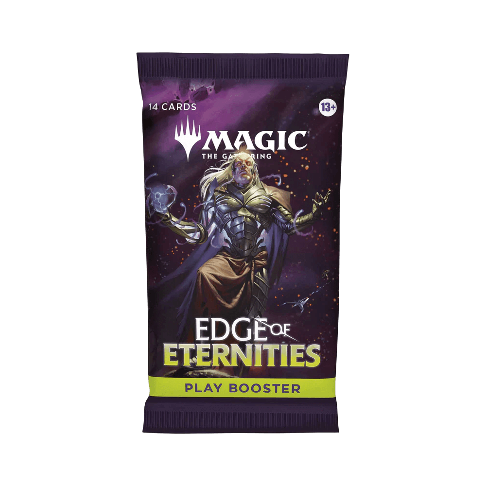 Magic: The Gathering: Edge of Eternities Play Booster Box packaging featuring a mystical character with magical powers.