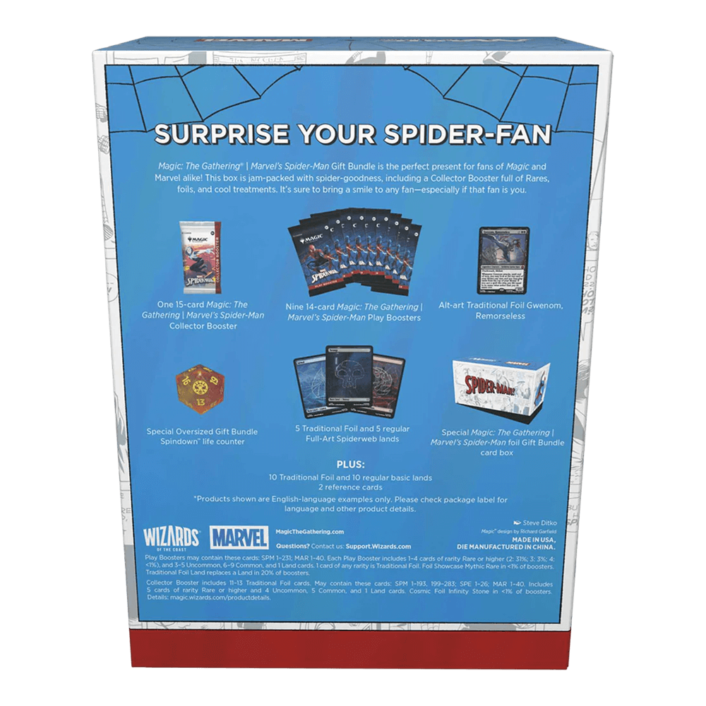 Back view of Magic: The Gathering: Marvel's Spider-Man Gift Bundle packaging with contents displayed.
