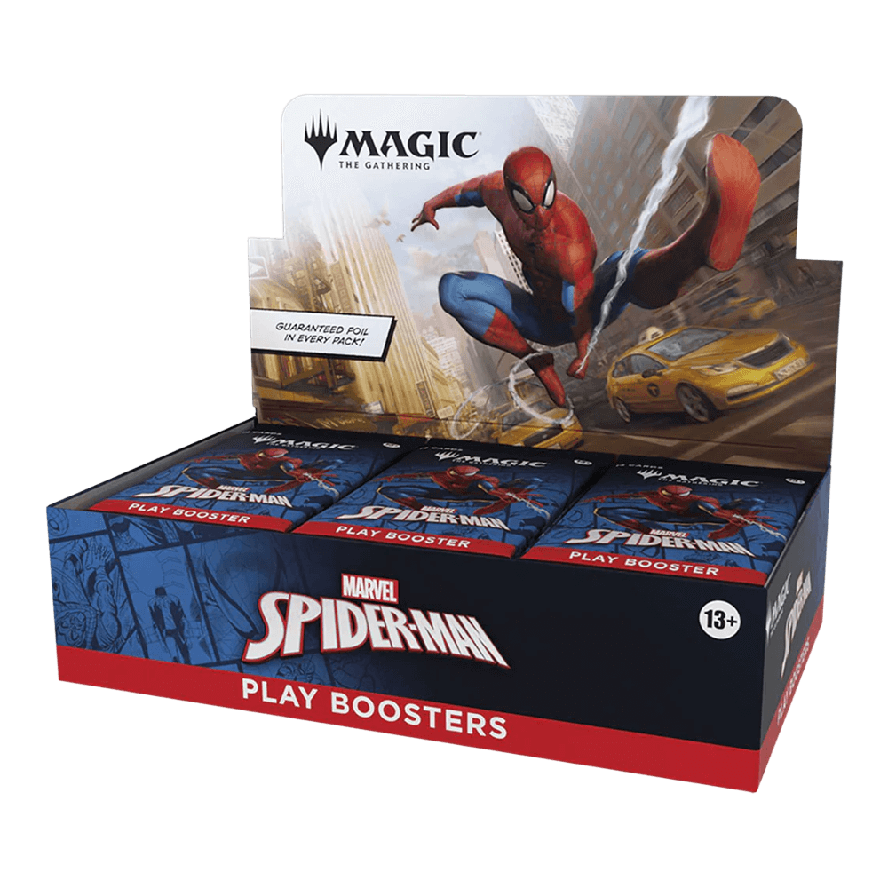 Magic: The Gathering: Marvel's Spider-Man Play Booster Box displayed with Spider-Man artwork on packaging.