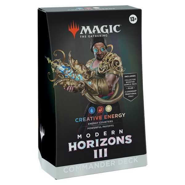 Box of Magic: The Gathering: Modern Horizons 3 Commander Deck - Creative Energy featuring vibrant artwork.