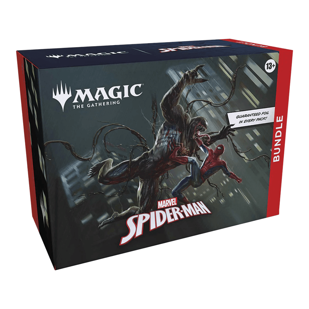 Magic: The Gathering: Marvel's Spider-Man Bundle featuring Spider-Man battling a foe on the box cover, ideal for Spider-Man fans.