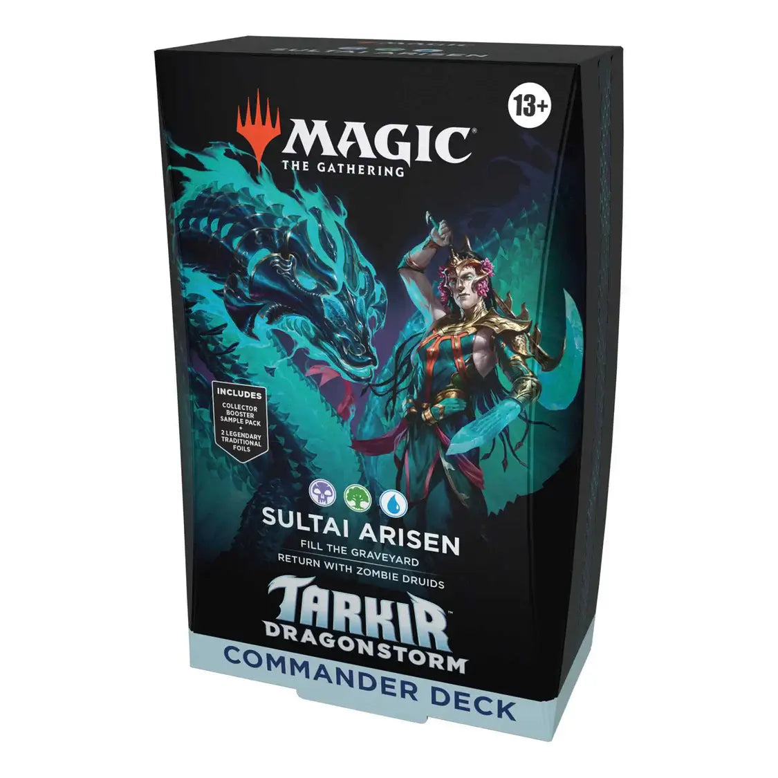 Magic: The Gathering - Tarkir: Dragonstorm Sultai Arisen Commander Deck packaging featuring dragons and a mystical figure.