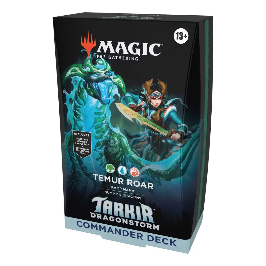 Magic: The Gathering - Tarkir: Dragonstorm Temur Roar Commander Deck in packaging with fantasy art showing a warrior and dragon
