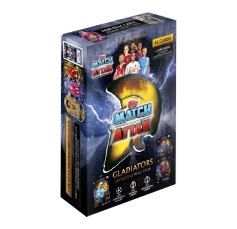 Match Attax 25/26 Mega Tin 1 featuring UEFA Champions League, Europa League, and Europa Conference League cards, 45 cards included.