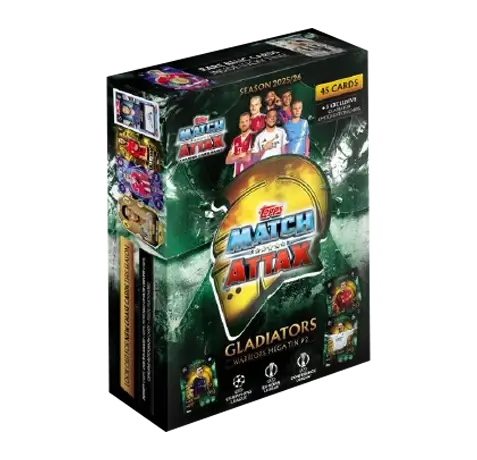Match Attax 25/26 Mega Tin 2 with 45 cards and 3 limited editions featuring UEFA competitions, Stealth Strike, Showboat Legends subsets.