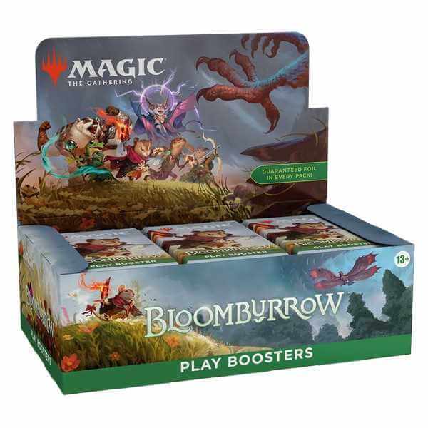 MTG: Bloomburrow Play Booster (36) box featuring vibrant artwork of critters in a whimsical fantasy setting.