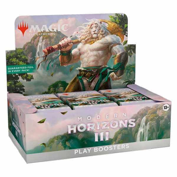 MTG: Modern Horizons 3 Play Booster (36) box with a fantasy artwork of a mythical figure and lush scenery.