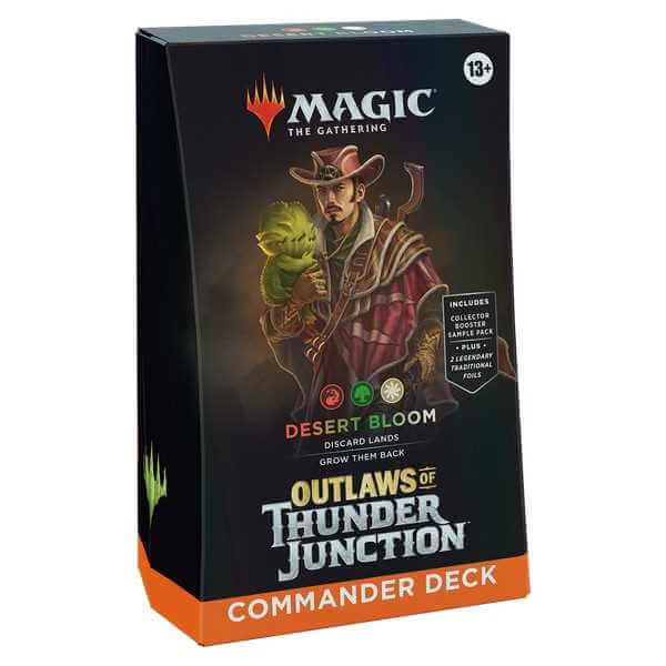 MTG: Outlaws of Thunder Junction Commander Deck Display (Desert Bloom) with 10 new cards, deck box, life wheel, and more.