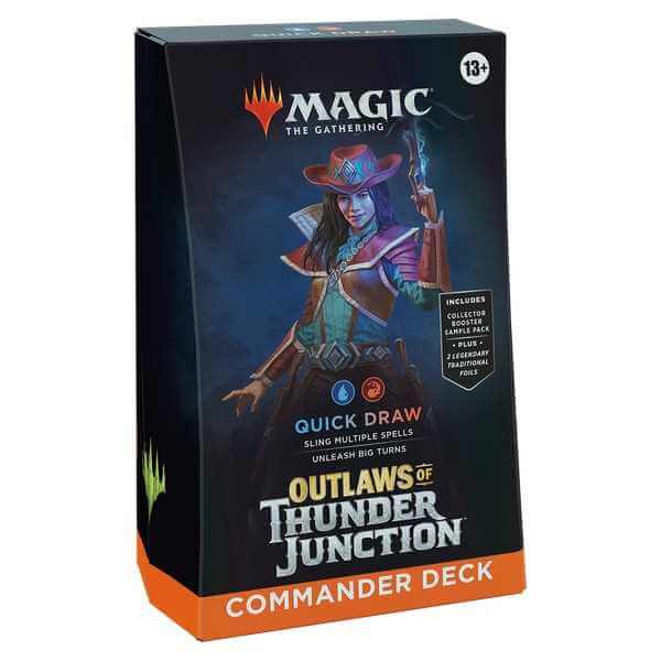 MTG: Outlaws of Thunder Junction Commander Deck Display (Quick Draw) featuring duel multiplayer Commander decks and exclusive cards.