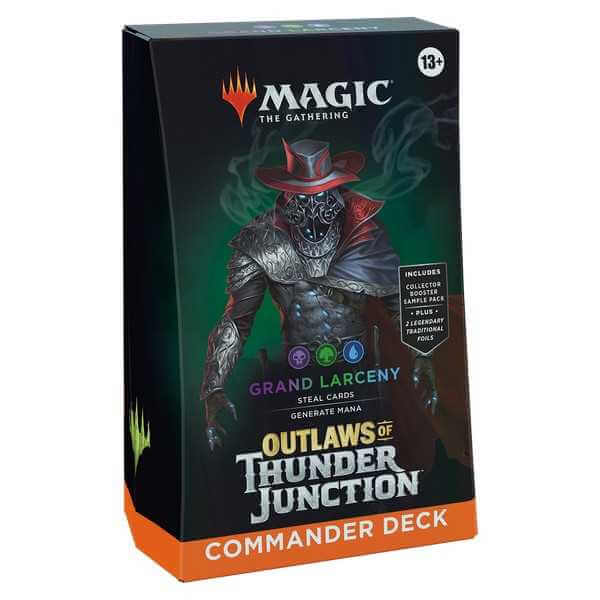 MTG: Outlaws of Thunder Junction Commander Deck Display (Grand Larceny) packaging showing card game set.