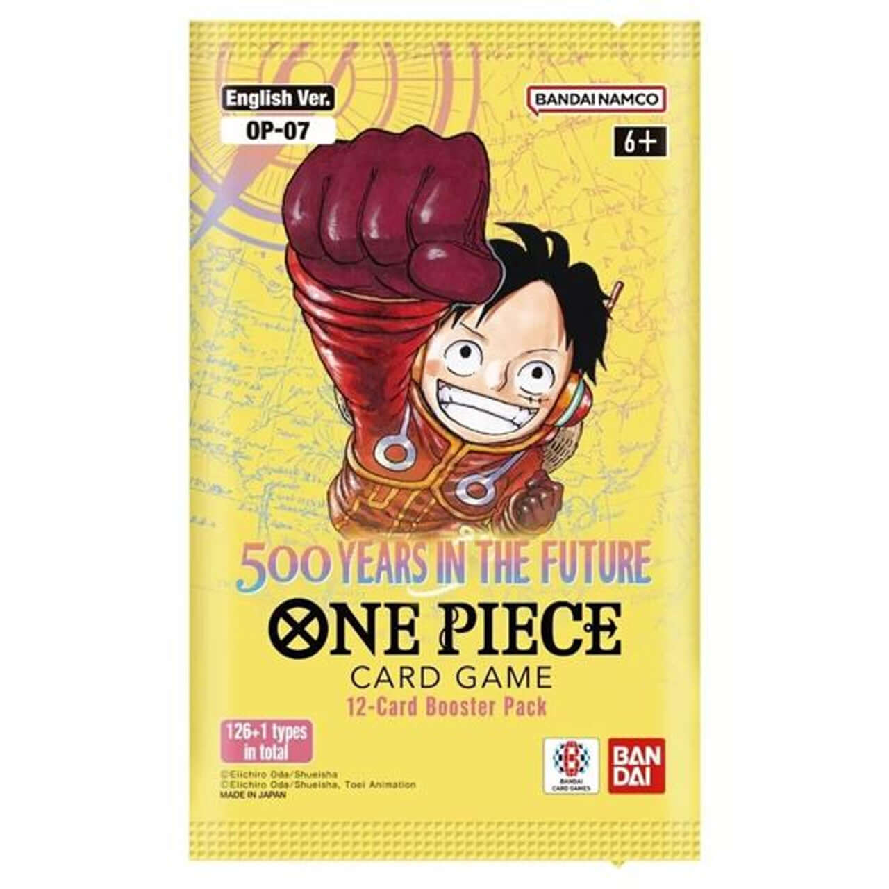 One Piece 500 Years in the Future Booster Pack featuring Egghead Arc characters on yellow packaging.