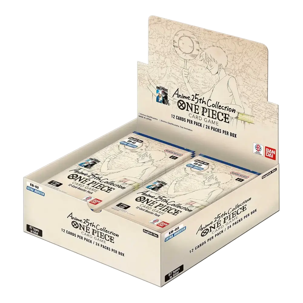 One Piece Card Game: Booster Box (EB-02) Anime 25th Collection display with 24 packs, featuring exclusive new anime illustrations.