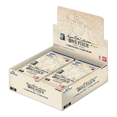 One Piece Card Game: Booster Box (EB-02) Anime 25th Collection display with 24 packs, featuring exclusive new anime illustrations.