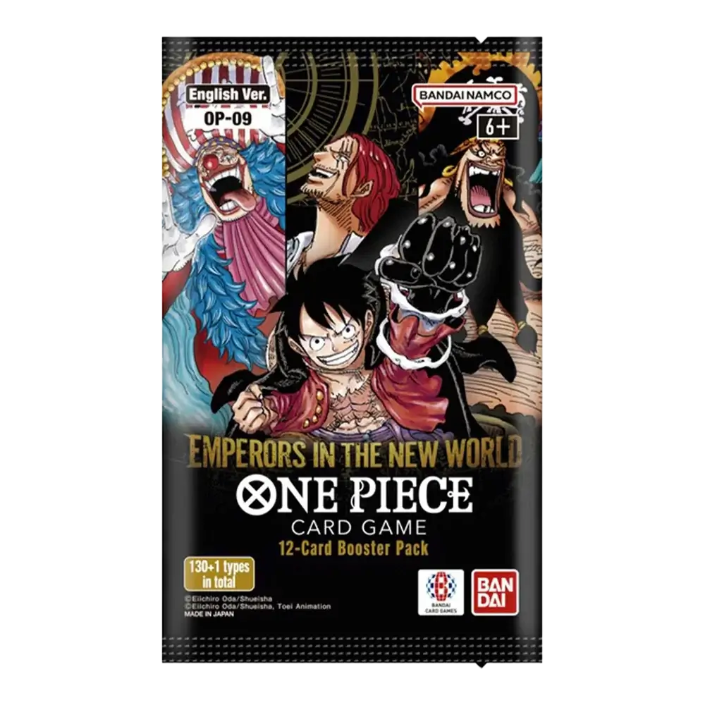 One Piece Card Game: Booster Box (OP-09) Emperors in The New World pack with vibrant character artwork.