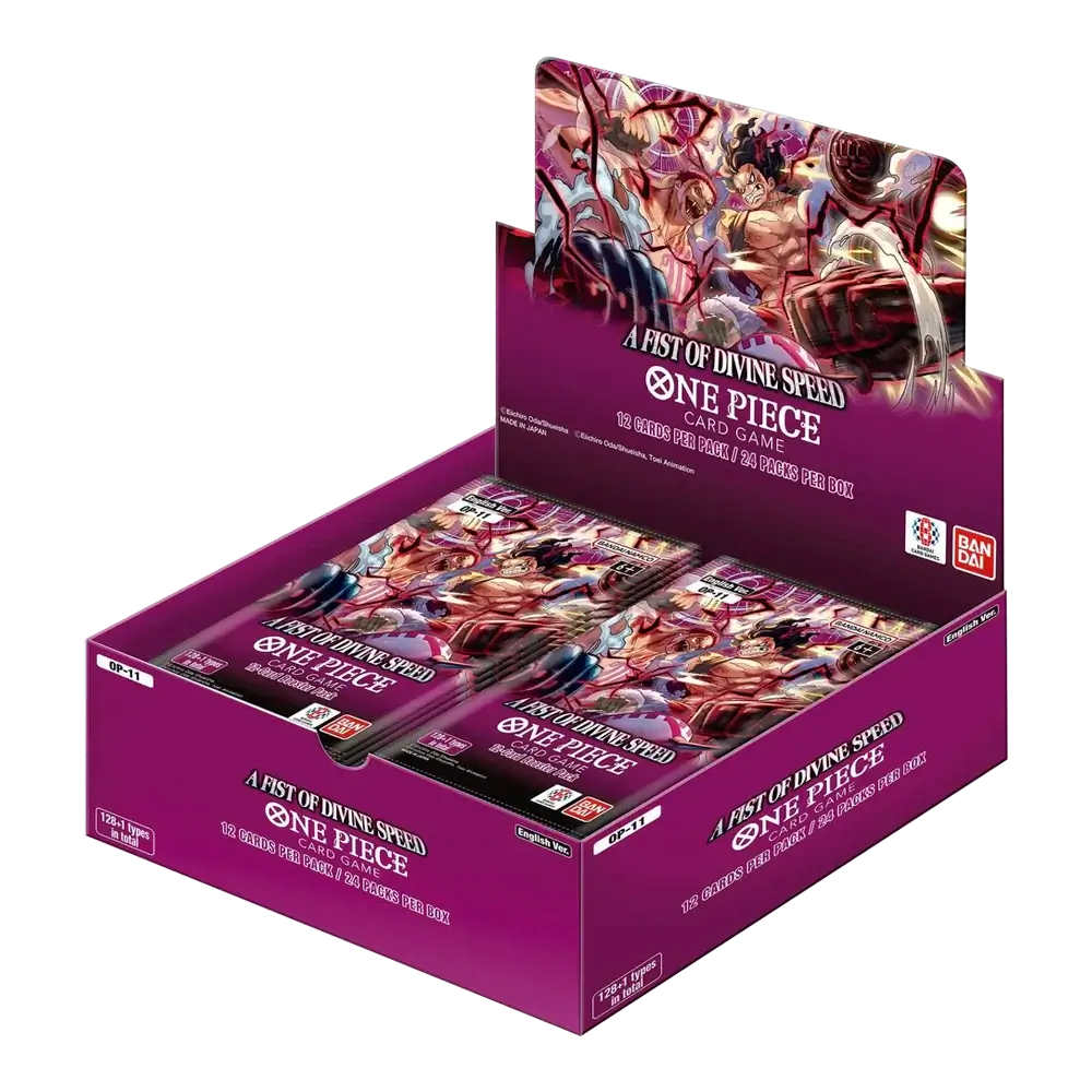 One Piece Card Game: Booster Box (OP-11) A Fist of Divine Speed display box and packs