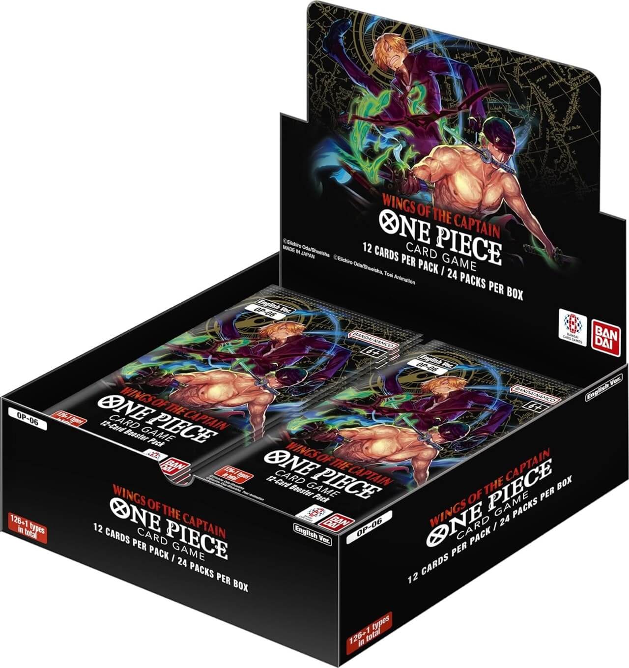 One Piece Card Game: Booster Box - Wings of the Captain (OP-06) display with cards featuring vibrant character artwork.