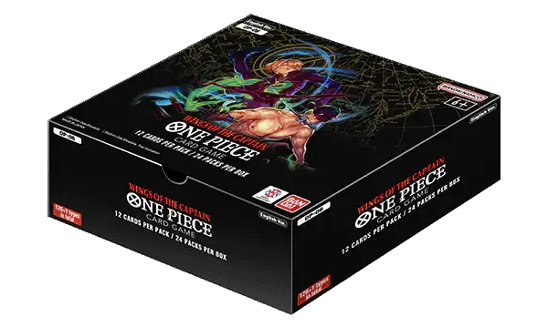 Box of One Piece Card Game: Booster Box - Wings of the Captain (OP-06) with artwork featuring a dynamic scene of characters.